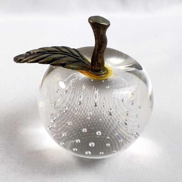 Clear Glass Apple Vintage Paperweight Bullicante Bubbles & Brass Stem 2.25x2.50 - Picture 7 of 9